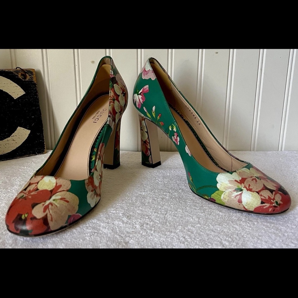 Gucci Green Floral Heels